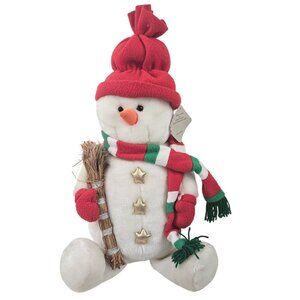 Vintage Fukei Plush Snowman Christmas Decor Shelf Sitter Red Green Scarf Broom